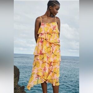Farm Rio Tiered Layered Tropical Pink Banana Print Midi Dress Medium NWT